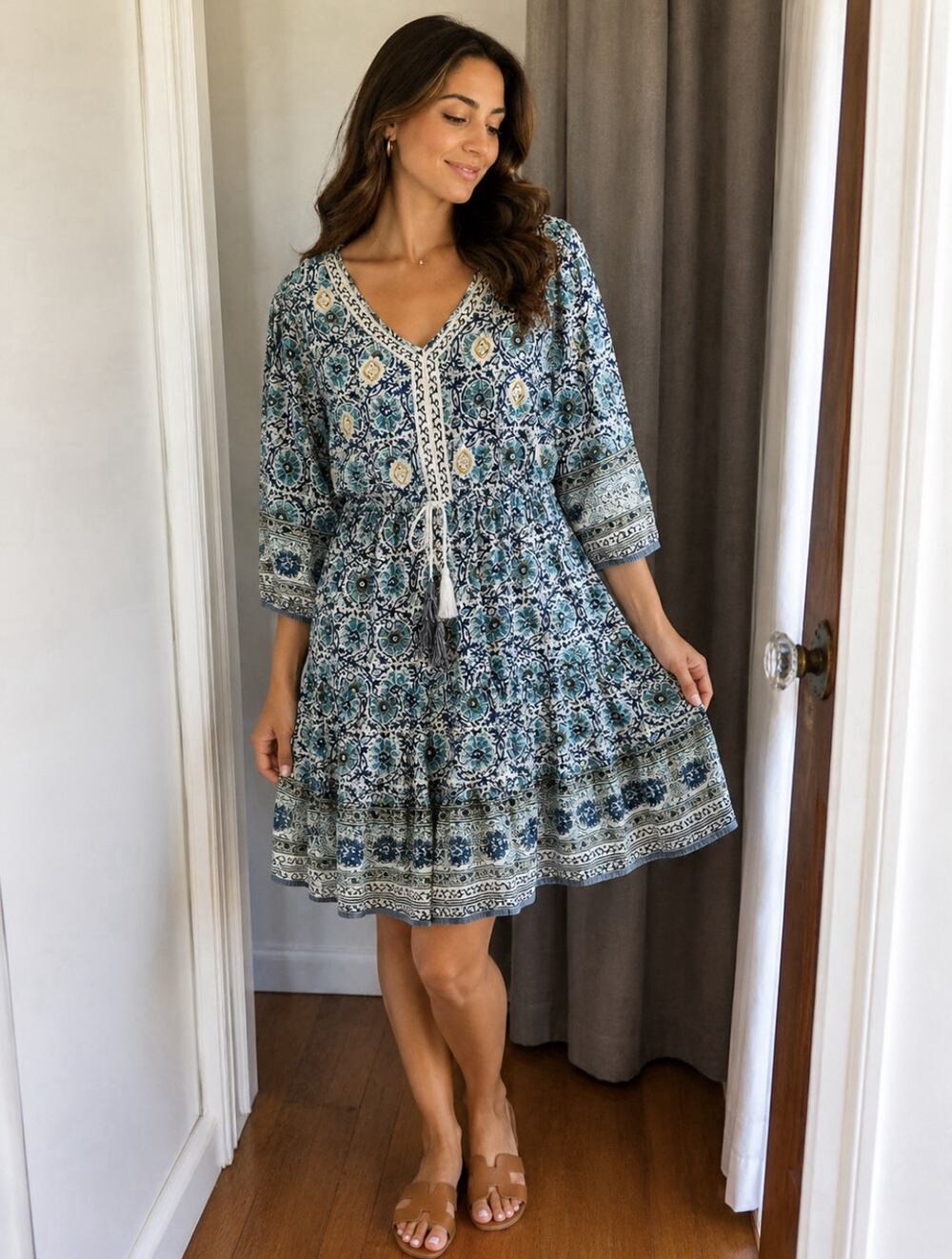 Soft Surroundings Blue Green Geo Print Tie Waist Tiered Embroidered Midi Dress m